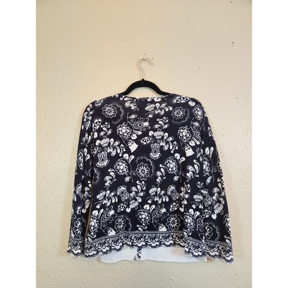 Ann Taylor Loft Women Black Floral Pima Cotton Long Sleeve Button Front Blouse L - Picture 2 of 6